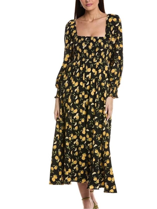 o.p.t Dresses & Skirts - O.P.T Women's Classic Smocked Black & Yellow Lemon Print Square Neck Midi Dress
